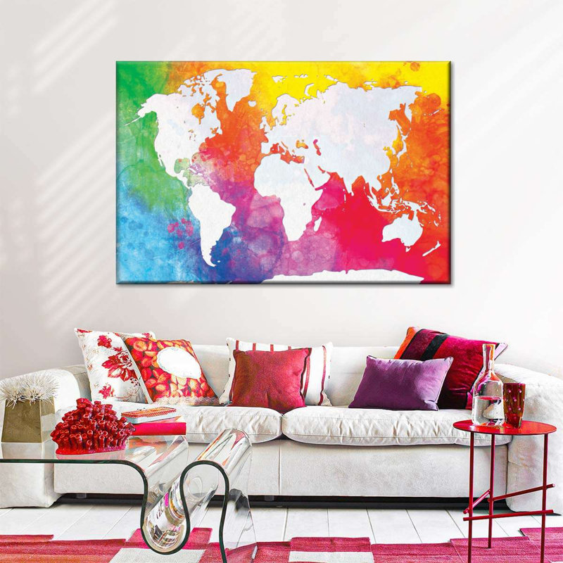 Carte du monde aux couleurs de l'arc-en-ciel sur toile, H 20 po x l 30 po x P 1,25 po