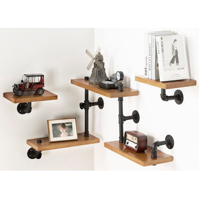 Industrial Pipe Shelving, Pipe Shelves With Wood Planks, Floating Shelves Wall Mounted, Retro Rustic Industrial Shelf For Bar Kitchen Living Room(5-Tier Ladder Shelves)