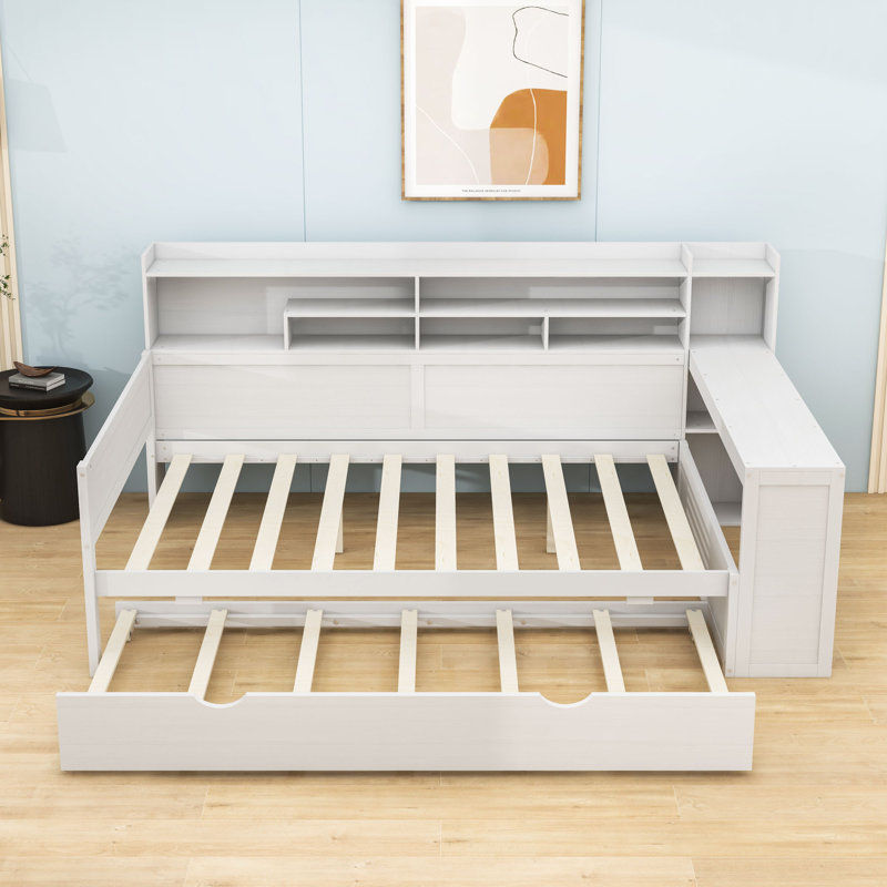Lit de jour en bois avec tablettes, lit gigogne et bureau, Complet/Double, Blanc antique