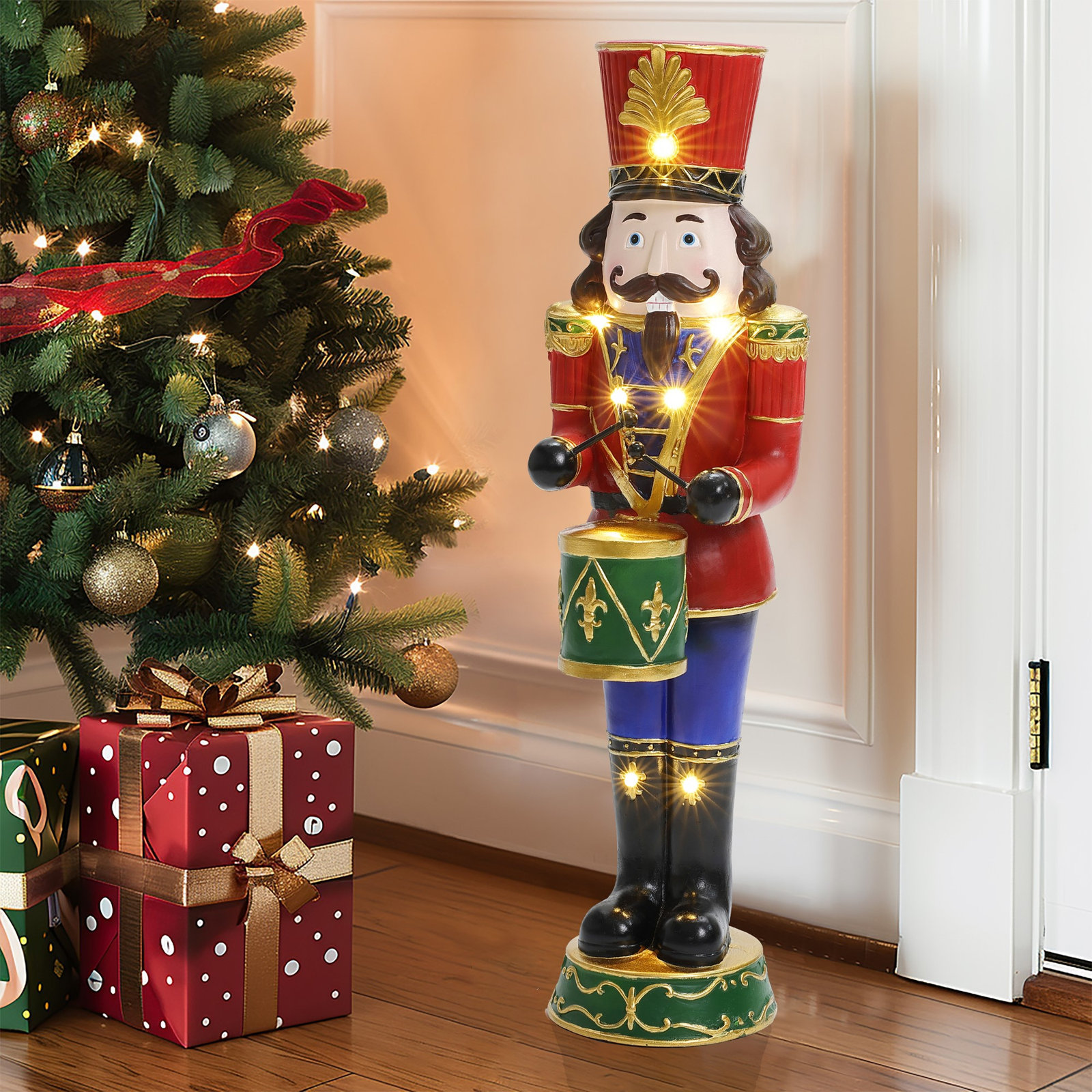 Traditional Nutcracker Drummer Soldier Holiday Decoration with Lights, 24.21" H x 7.25" W x 6.89" D