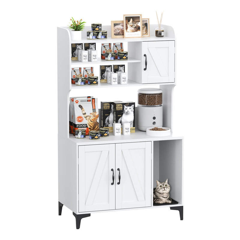 Enceinte de litière moderne pour chat avec rangement à 4 niveaux - cabinet de toilette caché en bois, maisonnette d'intérieur multifonctionnelle, facile à nettoyer, blanche, comprend un tapis de litière pour chat