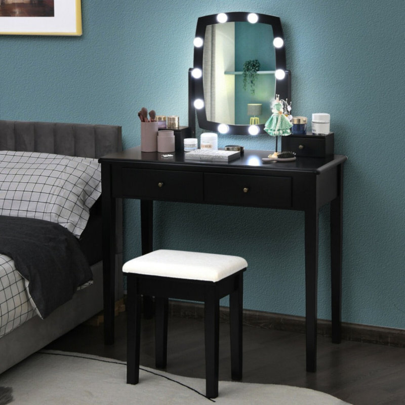 Vanity Table Set with Lighted Mirror for Bedroom and Dressing Room, Black