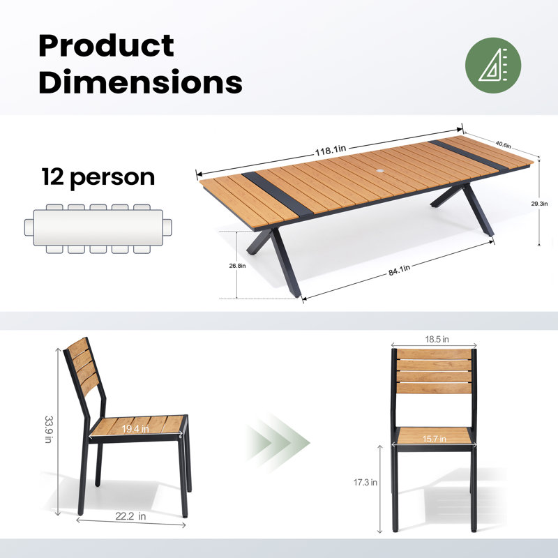 12 - Person Aluminum Rectangular Outdoor Dining Set with Umbrella Hole and Stackable Chairs, Brown