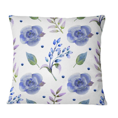 Coussin décoratif imprimé de roses bleues et de feuilles rétro