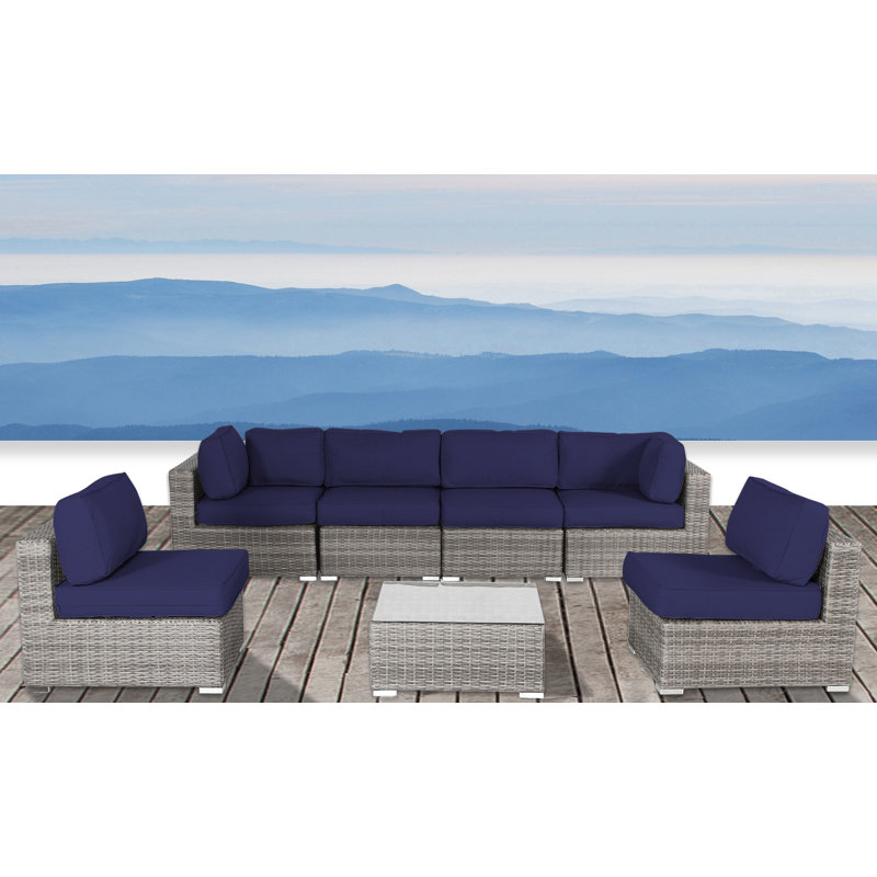 Ensemble de conversation pour 6 personnes avec coussins Euporie Wicker, Sunbrella bleu marine