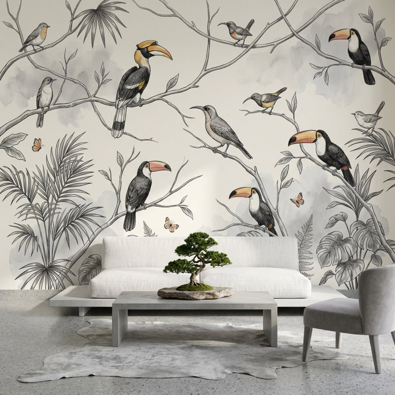 Papier peint oiseaux tropicaux, oiseaux exotiques, oiseaux de la jungle, 100 po x 96 po, Peler et coller