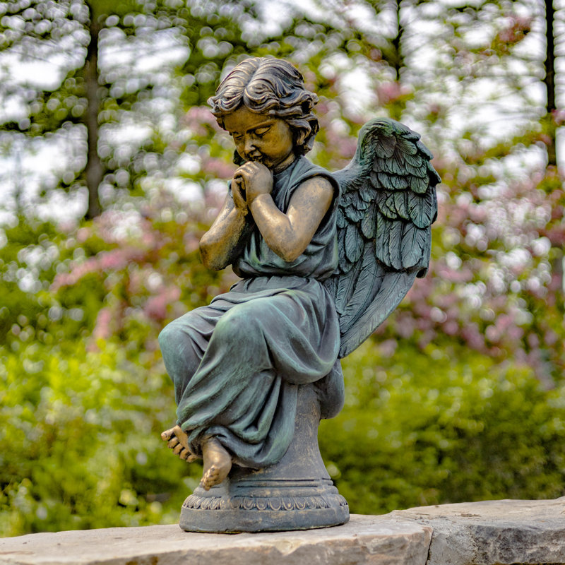 Statue de jardin ange assis et priant enfant magnésium, Bronze antique