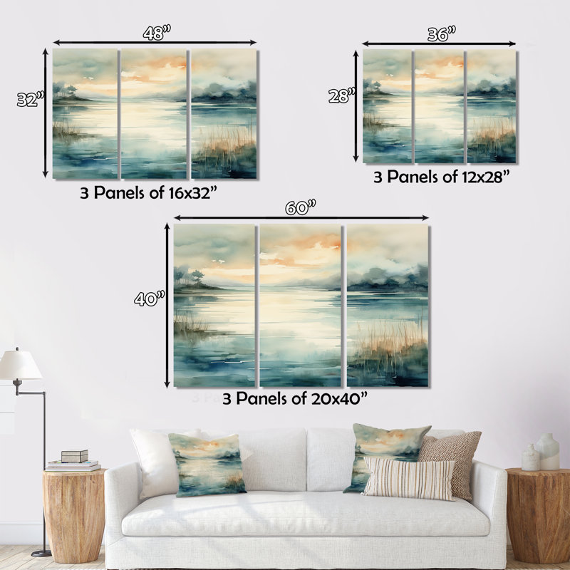 «Misty Lake Tranquility Retro Watercolor», reproduction sur toile tendue 3 pièces, H 40 po x l 60 po x P 1 po