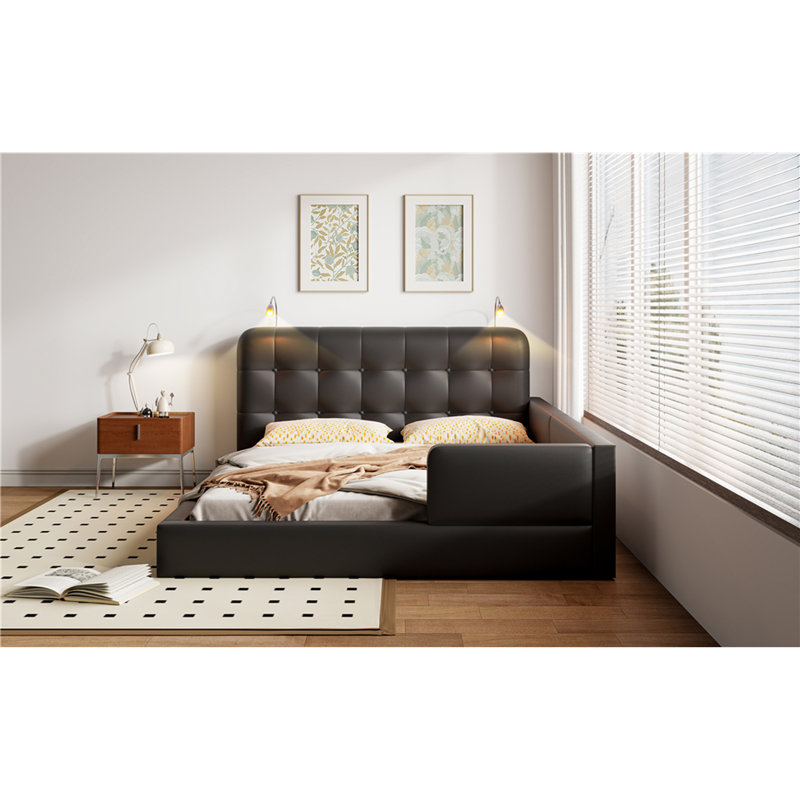 Queen Size Upholstered Platform Bed With 2 Reading Lights