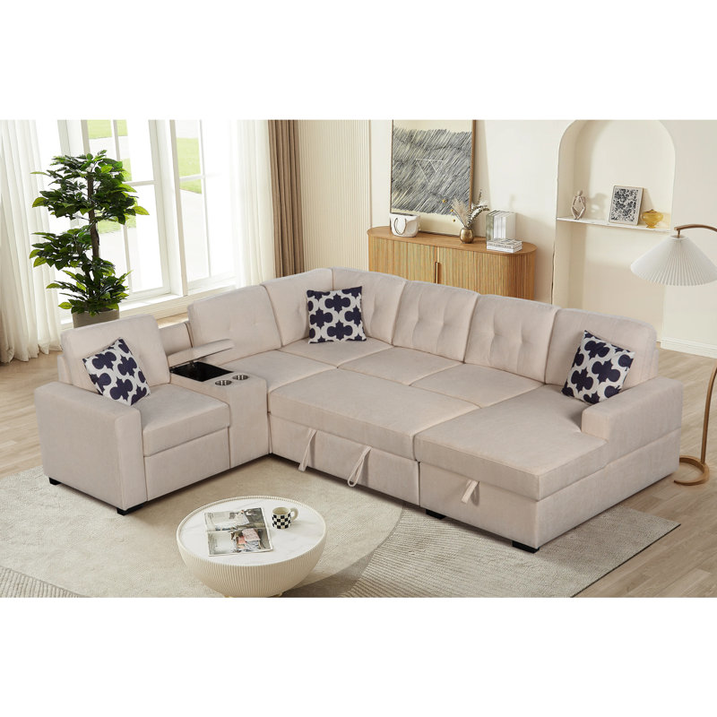 Canapé modulaire multifonctionnel en forme de L avec porte-gobelets intégrés, compartiments de rangement cachés et sièges convertibles