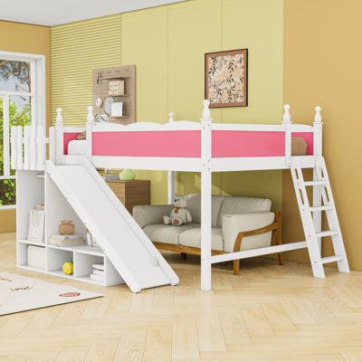 Lit mezzanine multifonctionnel en bois avec tablettes de rangement, garde-robe et glissade