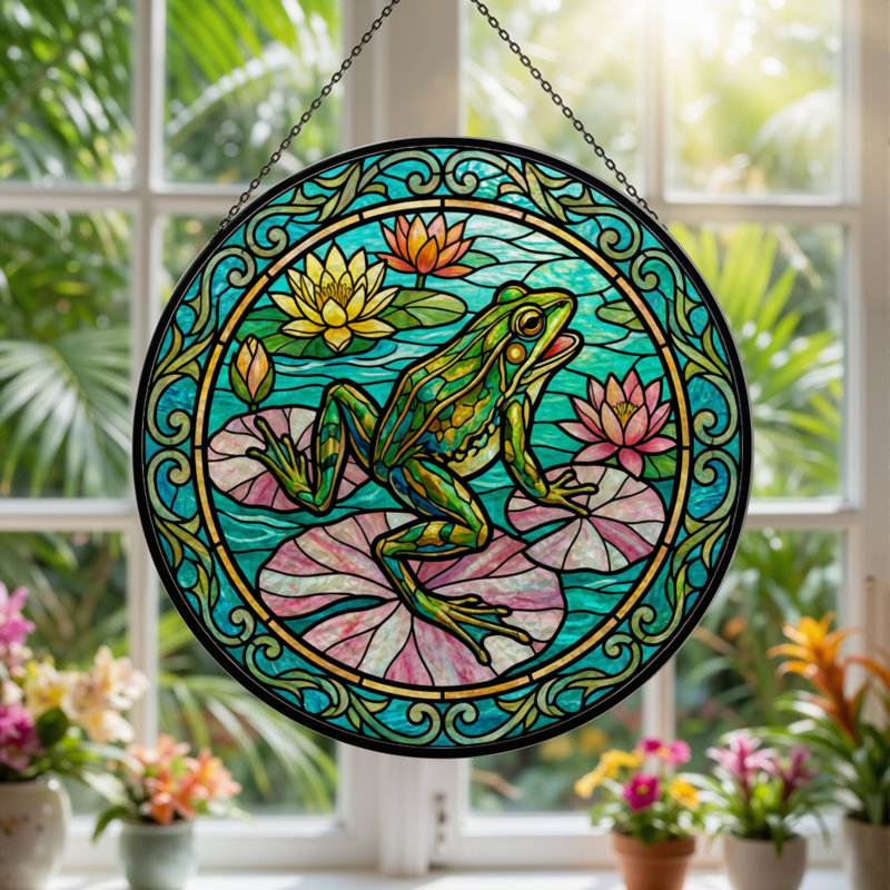 Panneau de vitrail 12 "H Frog Lily, H 12 po x l 12 po