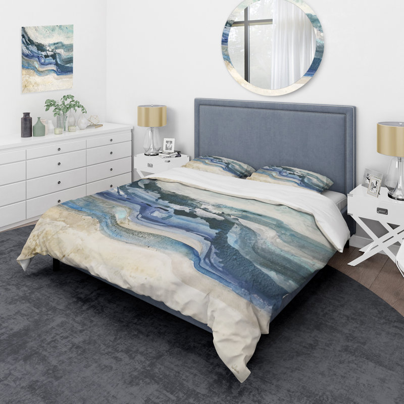 Coast Blue Sea Waves Watercolor - Modern Farmhouse Duvet Cover Set - Microfiber Polyester, Twin Duvet Cover + 1 Sham