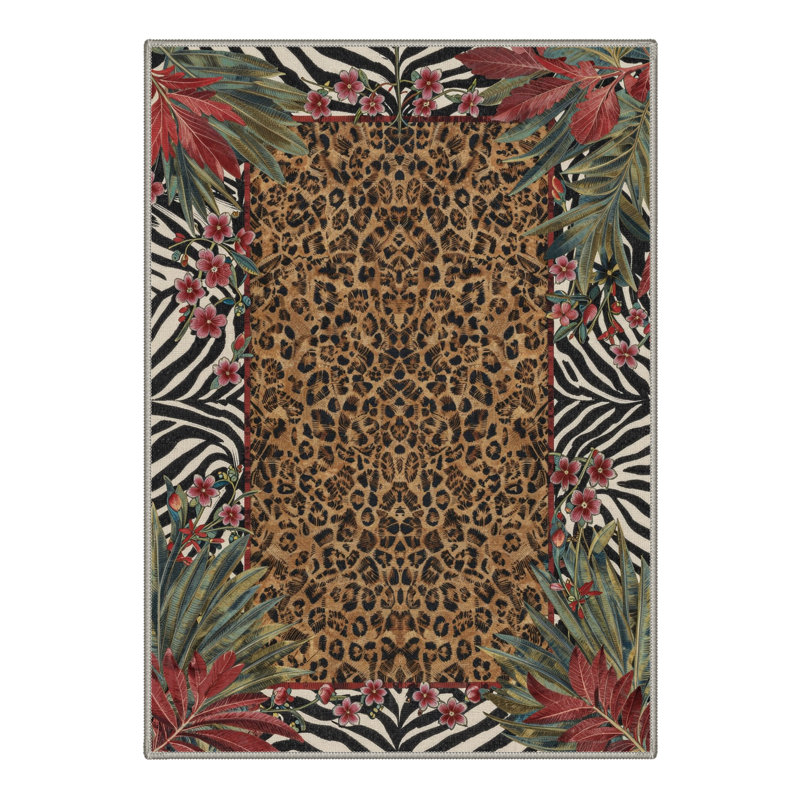 Alissa Aura Animal Print Floral Machine Washable Brown / Green / Red Indoor Area Rug with Non-Slip Backing