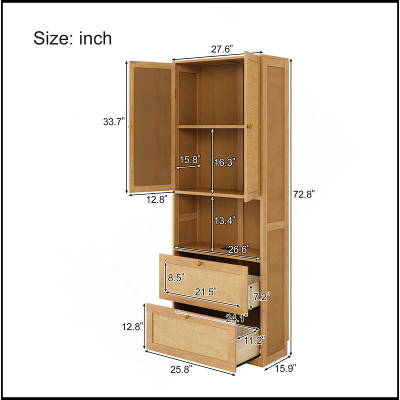 Bibliothèque 2 portes avec port USB et 2 tiroirs avec tablettes latérales, naturel, Naturel