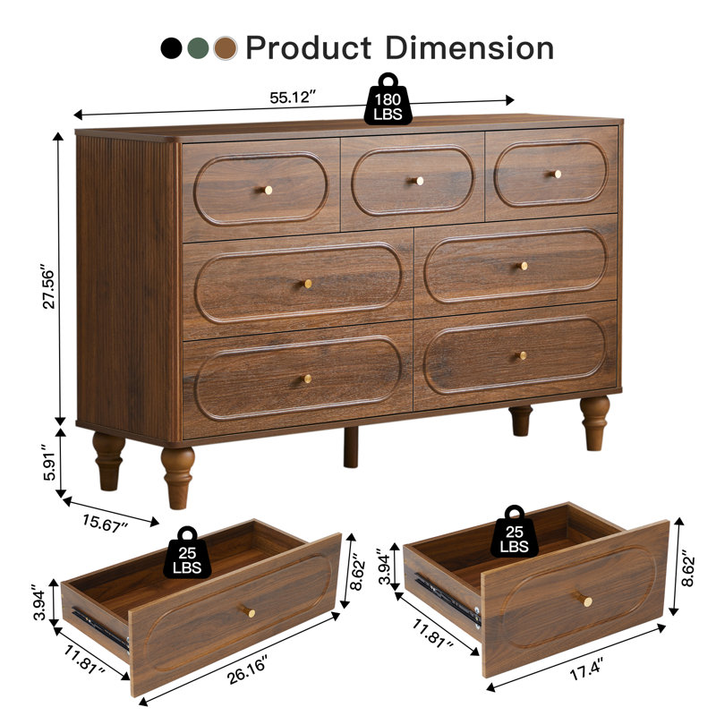 Commode 7 tiroirs l 55,12 po, Noyer