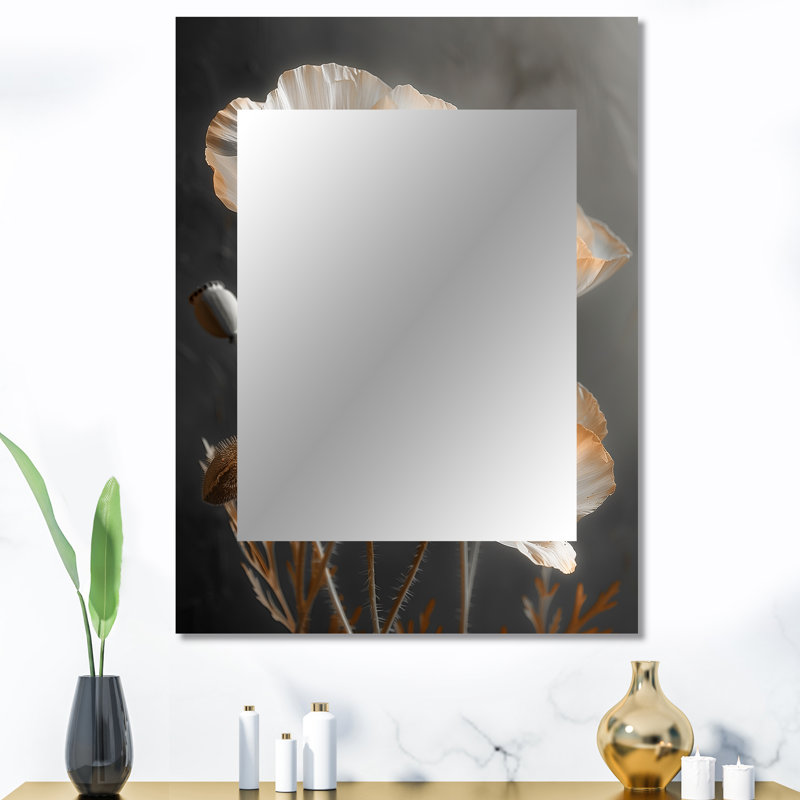 White Grey Vintage Glamour Poppies - Poppies Large Wall Mirror, Traditional Decorative Mirror, Printed Metal Art, 40" x 30"