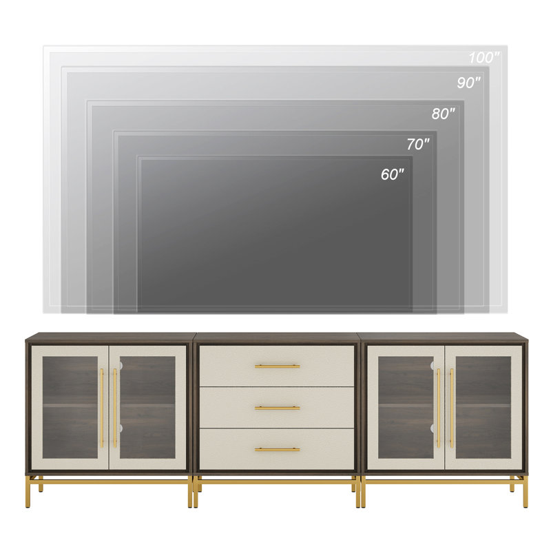  Modern TV Stand For 100 Inch TV With Drawer And Glass Cabinet, Glass/Manufactured Wood/Leather/Metal