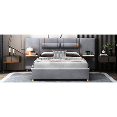 Queen Sized Bed With & Outlets On Both Sides, Gray Velvet Upholstery, Storage Upholstered Power Outlets, , And Shelf