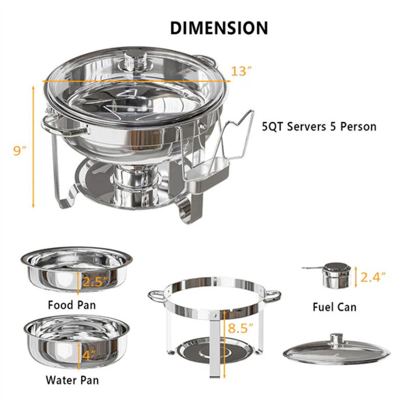 5 QT Round Stainless Steel Chafing Dish Buffet Set With Glass Lid & Lid Holder 8Pcs