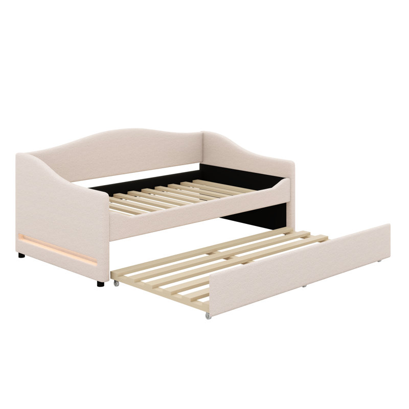 Upholstered Daybed With Light And Trundle, Beige