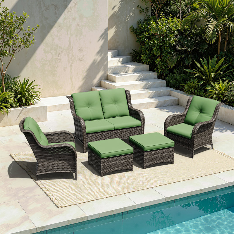 5-Piece All-Weather Wicker Patio Conversation Set With Loveseat, Arm Chairs & Ottomans, Outdoor PE Rattan Furniture With Cushions For Backyard, Porch & Deck