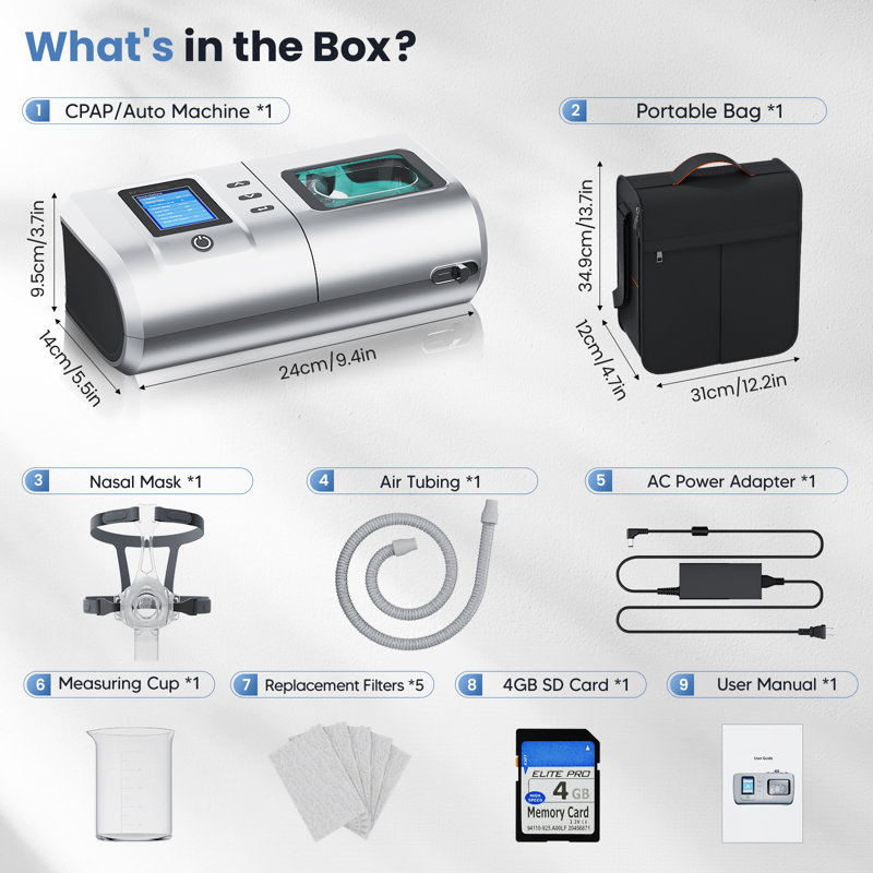 Machine respiratoire de sommeil à domicile CPAP, ventilateur de sommeil à double mode entièrement automatique avec fonctionnement silencieux et humidification, ensemble complet d'accessoires avec sac de transport portable