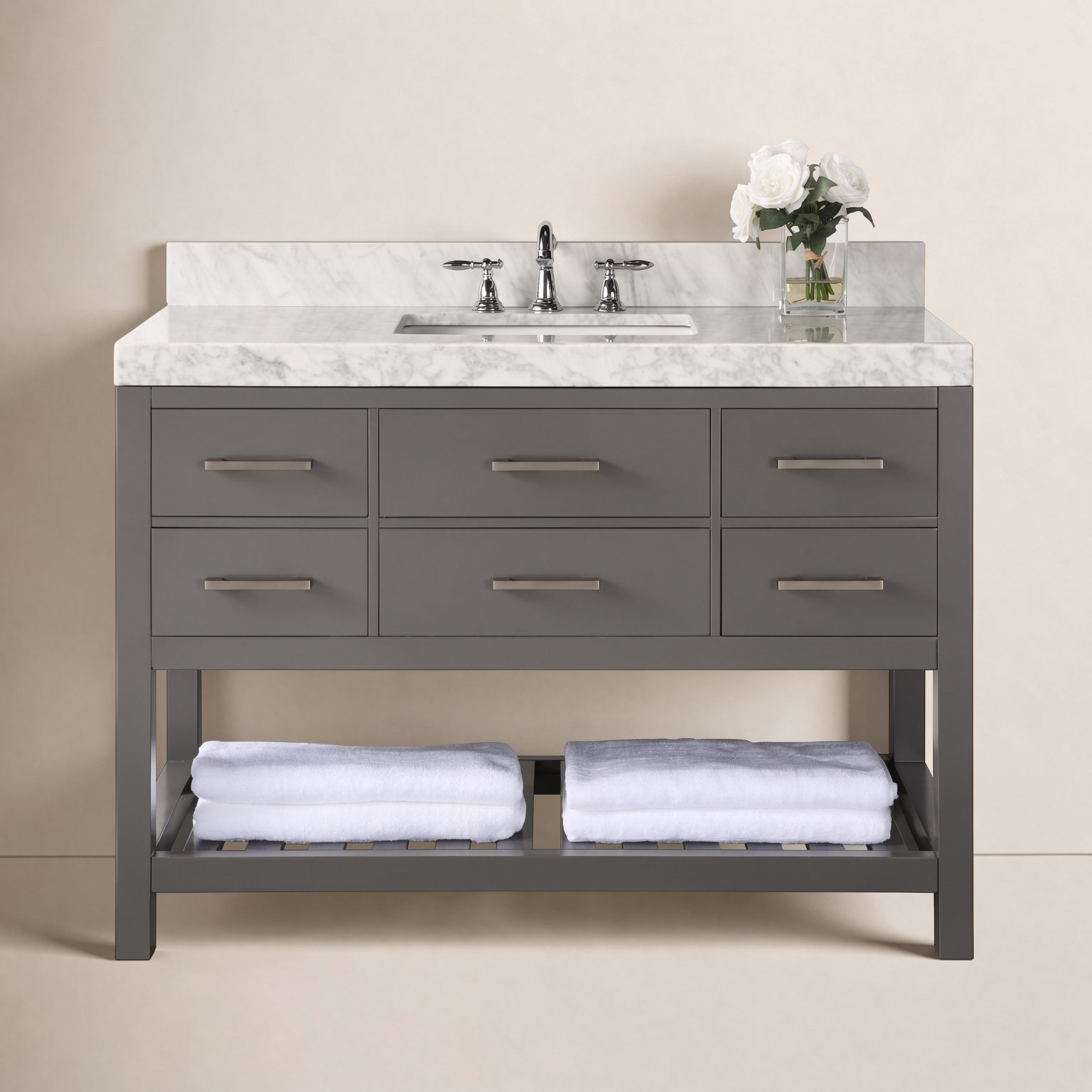 Carrie 48'' Single Bathroom Vanity, Sapphire Gray/Brushed Nickel, Carrara White Marble