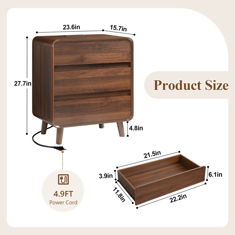 Angela Wood 3 Drawers Nightstand with Charging Station, Bed Side Table with Charging Station, Round Corner Wood Night Stand, 15.7"D x 23.6"W x 27.7"H