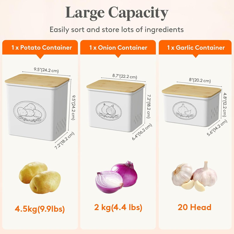 Boîte de 3 bacs de rangement en plastique pour pommes de terre et oignons, blanc, Blanc