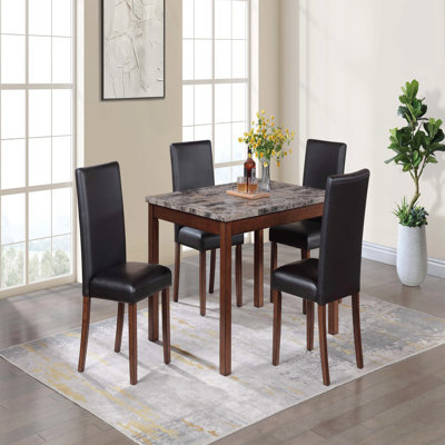 Faux Marble Top Table 4X Side Chairs Faux Leather Upholstered 5Pc Dining Set