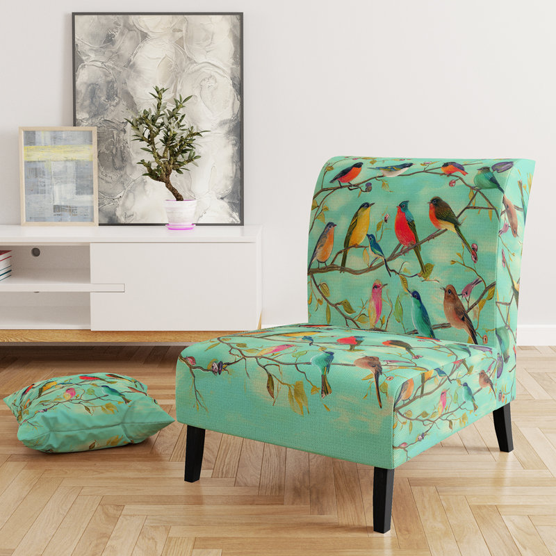 Fauteuil de chambre rembourré multicolore Bird On Tree, Mélange de polyester vert
