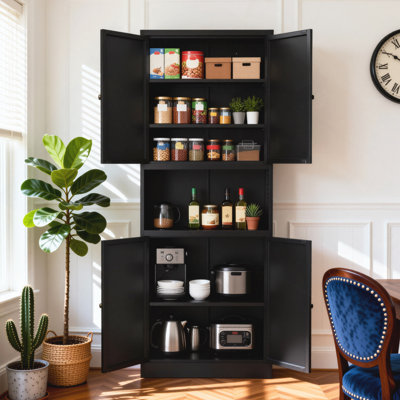 72" High Steel Kitchen Pantry Storage Cabinet with Large Countertop, Adjustable Shelves and Hooks, Heavy-duty Modern Style Cabinet