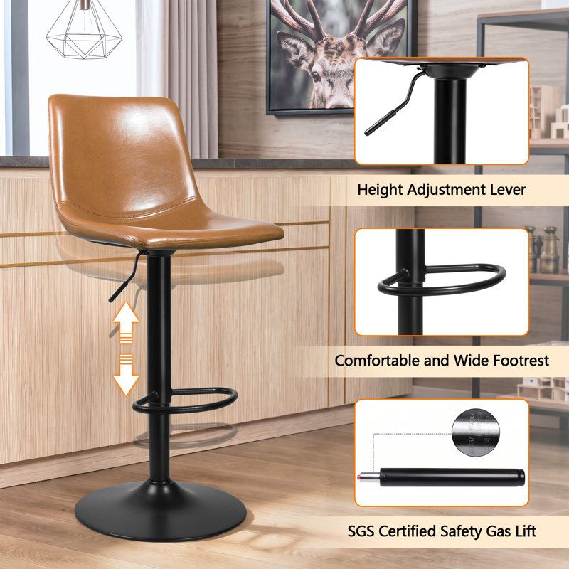 Halima Swivel Adjustable Height Counter Stool with Metal Frame, Brown Pebbled Faux Leather, 2 