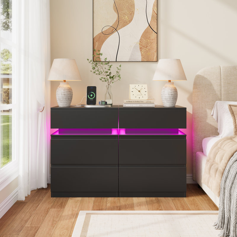 (Lot de 2) Tables de chevet à 3 tiroirs (45 cm de largeur), table de chevet (60 cm de hauteur) avec station de charge et éclairage DEL