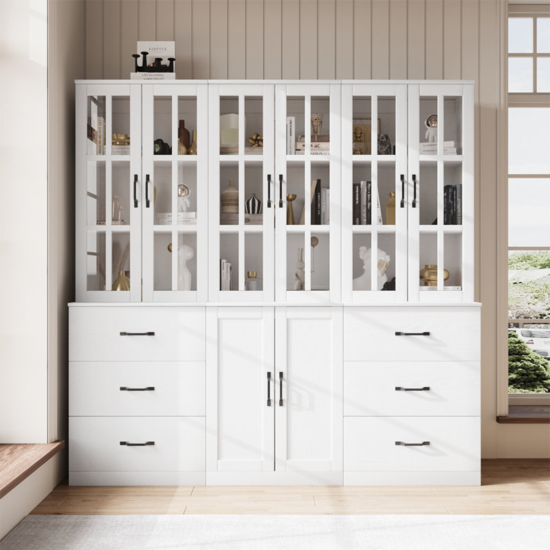  Bookcase Cabinet With Glass Doors And Large Storage Drawers, (3 Shelves) 71” x 71” x 15.70”, White