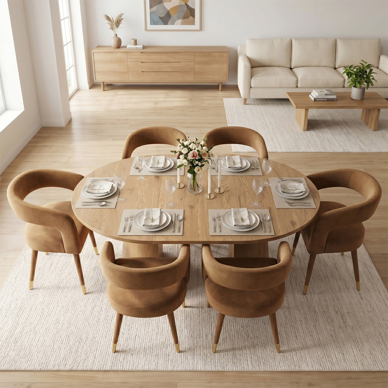 Ensemble de salle à manger extensible Modern 47 "à 83" avec fauteuils rembourrés en velours, 7 Pieces: Table, 6 Chairs, Camel
