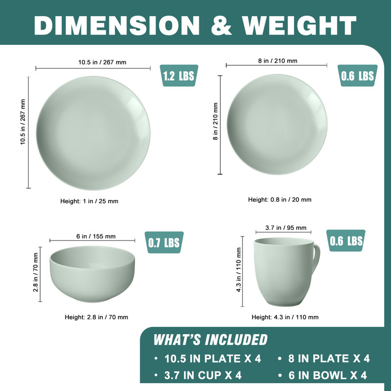 Vaisselle en porcelaine tendre avec un design léger et durable résistant aux éclats, Vert, 16 PCs