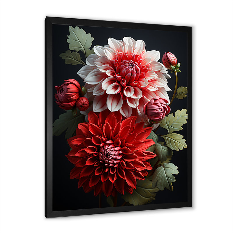 Rouge et vert Dahlia Bouquet Harmony I - Dahlia Wall Art, Cadre photo noir simple, H 32 po x l 16 po x P 1 po
