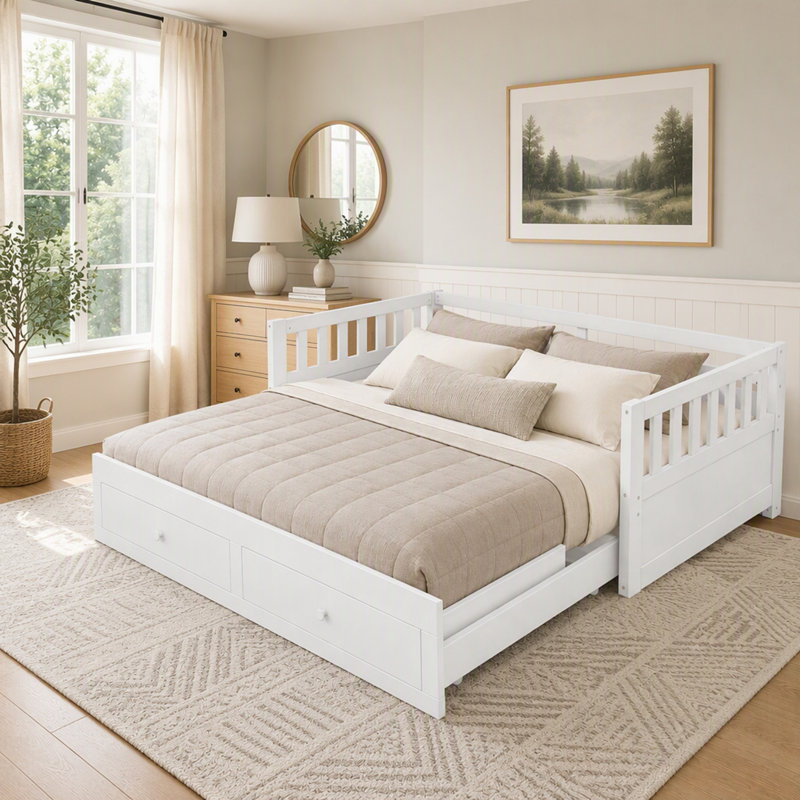 Lit de jour extensible Twin to King avec lit gigogne, cadre de lit convertible en bois avec barrières de sécurité et sommier à lattes, 2 tiroirs intégrés, facile à assembler, aucun sommier requis
