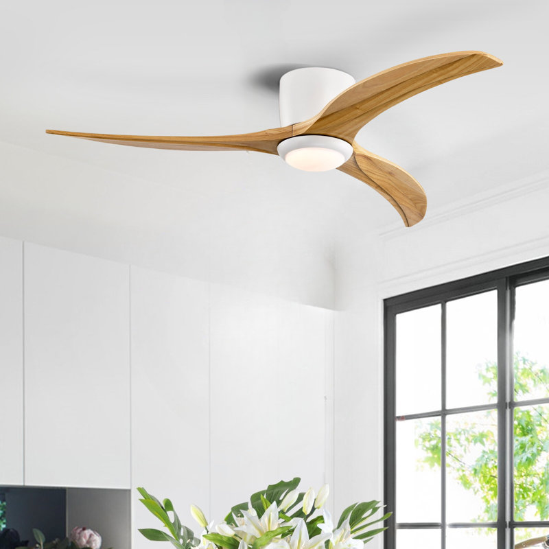 Parzy 52.04" Flush Mount Ceiling Fan Solid Wood Blades Ceiling Fan With Light With Remote Control, Natural, White