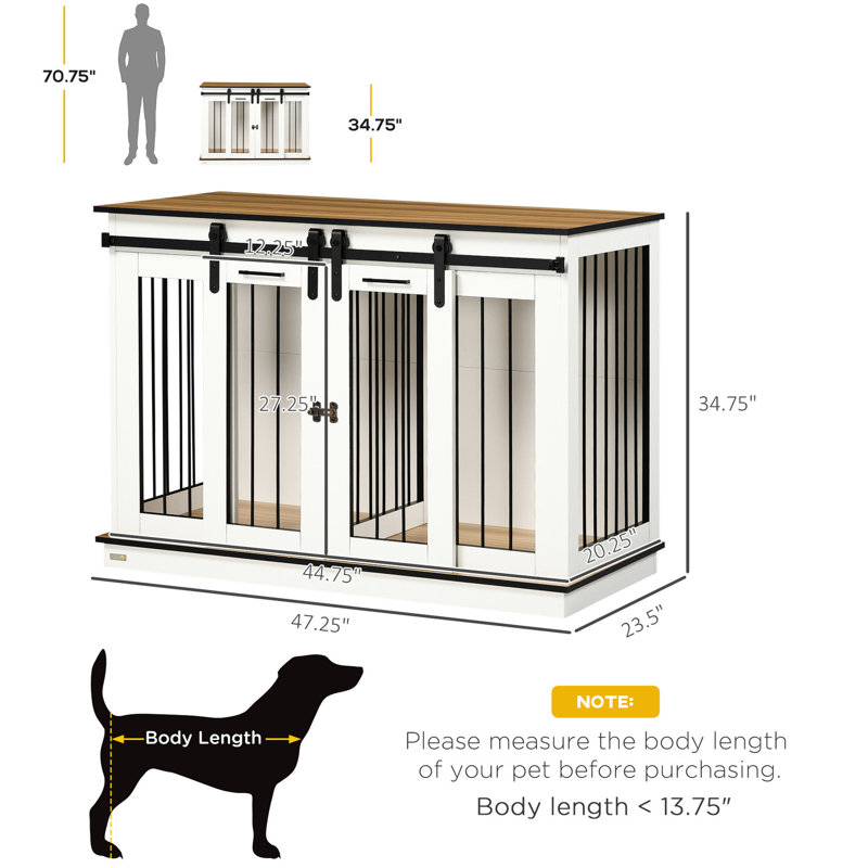 Cage rustique pour chien, l 47 po x P 23,5 po, H 35 po, blanc, pour chenil d'intérieur Happy Dogs, petits et grands chiens, avec un design élégant et pratique