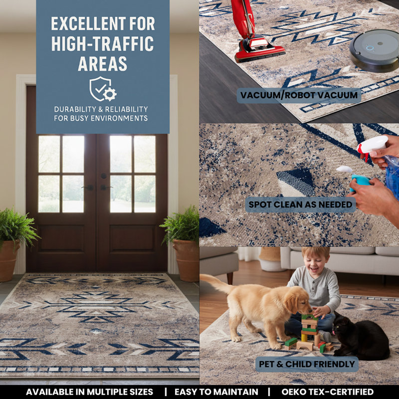 Rug Branch Nava 2' x 5' (2' x 5'1") Blue/Beige Southwestern Indoor Doormat Rug, Contemporary, Low Pile, Stain-Resistant Entry Carpet - Front Door, Mudroom, Hallway and Kitchen