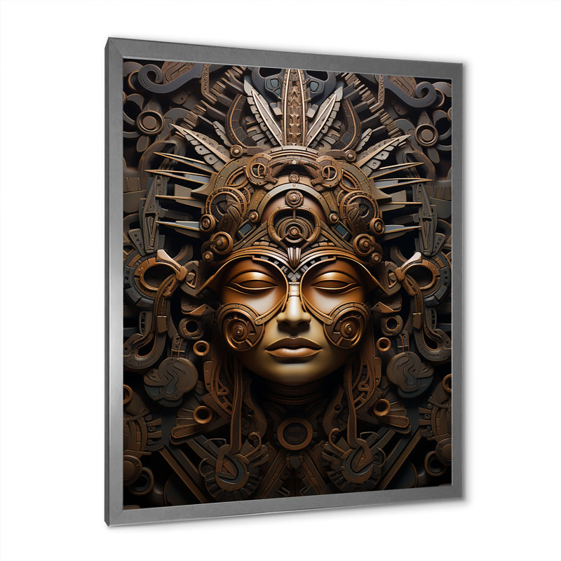 Masque aztèque antique sur toile, H 20 po x l 12 po x P 1 po, Cadre simple argenté