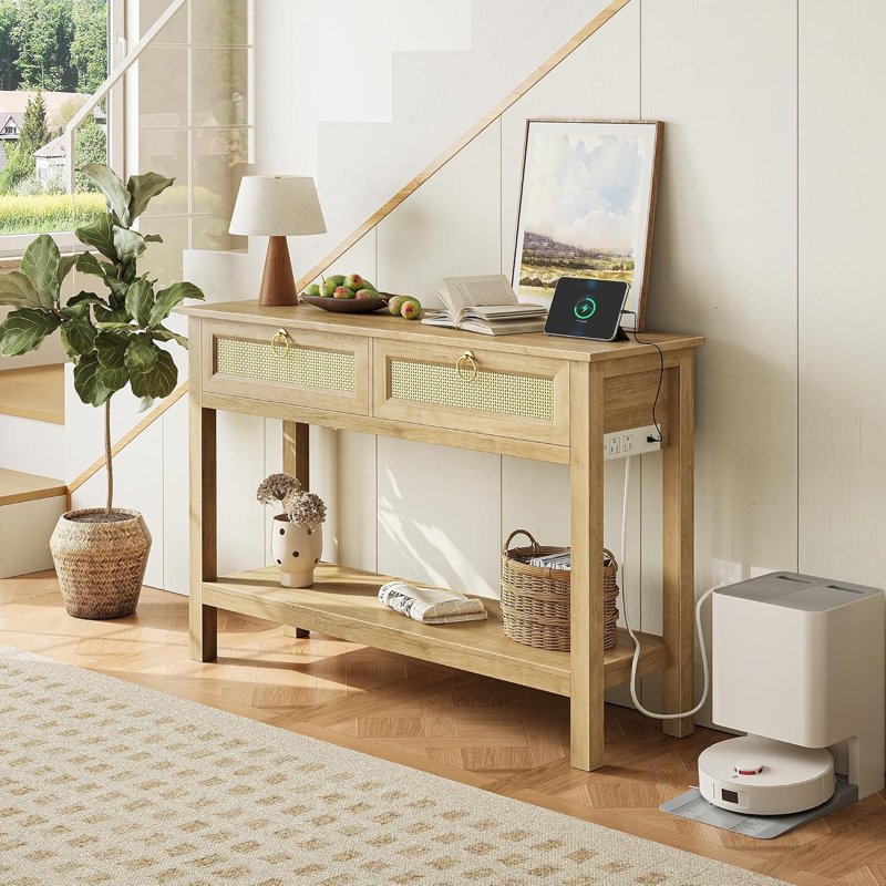 Console pour canapé avec prises et port USB-C, table d'entrée à 2 tiroirs avec surface en rotin synthétique, tablette ouverte de 39 po, rangement dans le couloir d'entrée du canapé, naturel