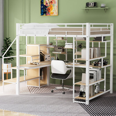 Lit mezzanine avec structure en métal, rangement et bureau blanc, bureau double, extérieur