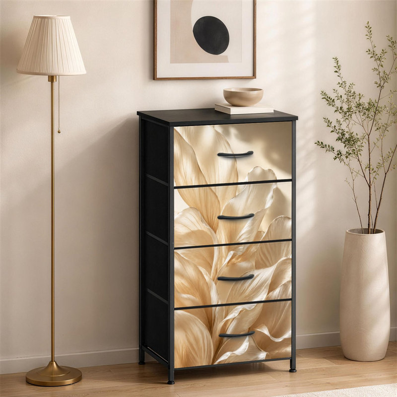 Commode à 4 tiroirs pour chambre à coucher Élégante commode à pétales botaniques aux tons clairs de petite taille