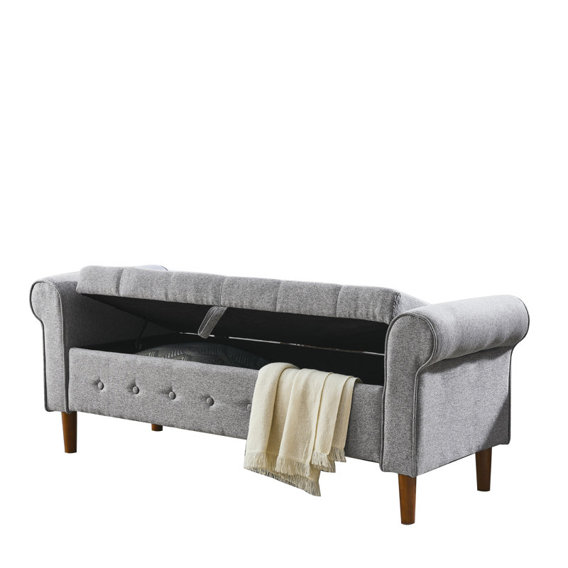 62" Bedroom Tufted Button Storage Bench, Modern Fabric Upholstered Ottoman, Window Bench, Rolled Arm Design For Bedroom, Living Room, Foyer