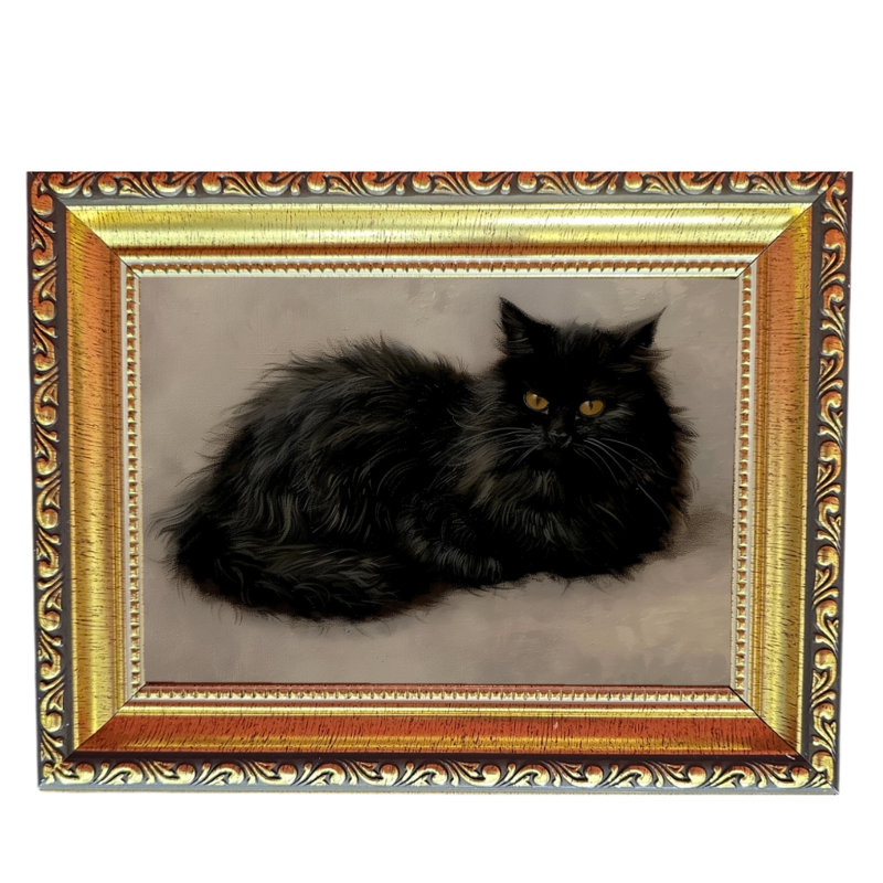 Art antique, cadre doré, chat noir, H 18 po x l 14 po