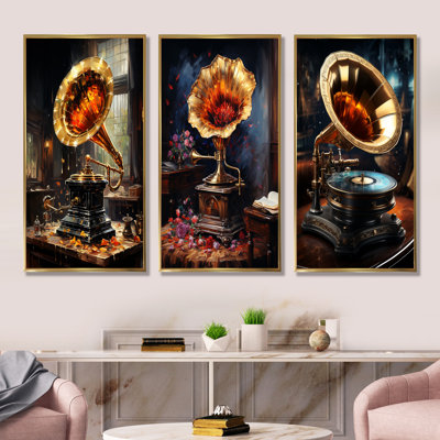 «Gold Phonographs Elegance I», ensemble de 3 reproductions d'art sur toile